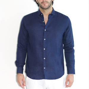 Camisa Lino Clásica - Navy Manga larga.